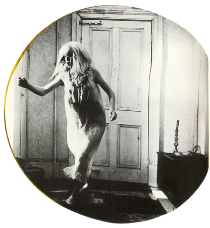 Interior image of - ROMAN POLANSKI / Knife in the Water. Black and white image of a person in a room with a door.