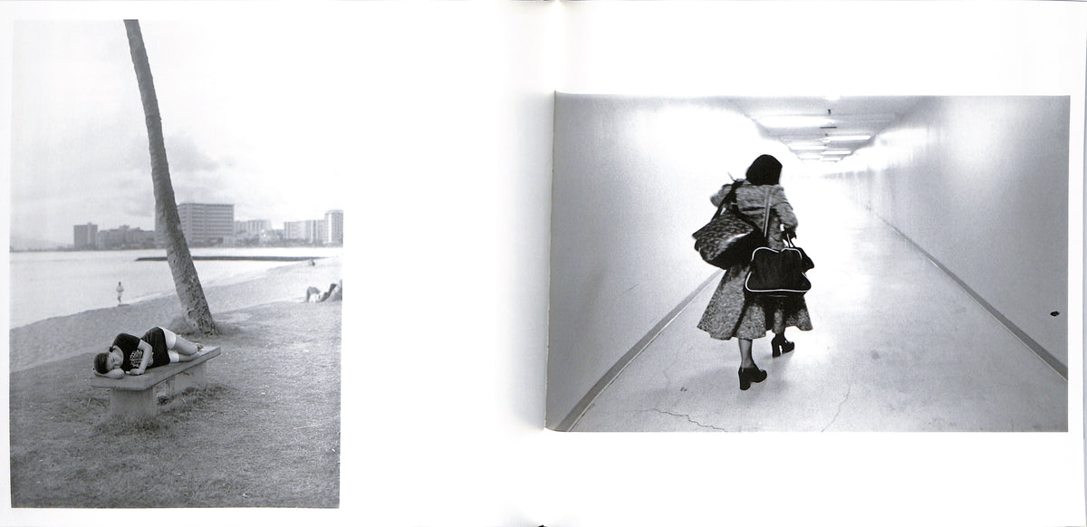 Internal of - MASHISHA FUKASE / Yoko. Two black and white photos side by side; one of a person walking in a snowy tunnel, the other of people sitting on a bench by a body of water.