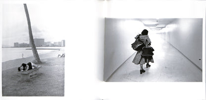 Internal of - MASHISHA FUKASE / Yoko. Two black and white photos side by side; one of a person walking in a snowy tunnel, the other of people sitting on a bench by a body of water.