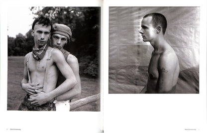 Internal shot - NAN GOLDIN, DAVID ARMSTRONG, MARK MORRISROE, JACK PIERSON, PHILIP-LORCA diCORCIA / Emotions & Relations. Black and white photo collage of two men, one embracing the other outdoors and the other standing against a textured wall.