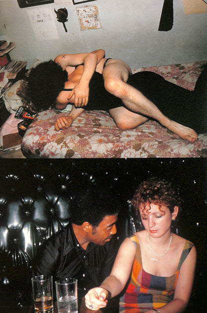 Interior image - NAN GOLDIN / COUPLES AND LONELINESS. Two images: one of a person lying on a bed with a patterned mattress, and another of two people sitting together at a bar.