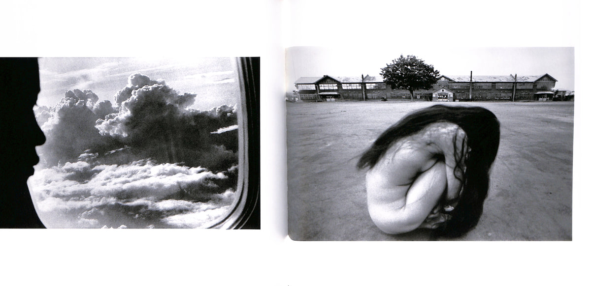 Internal - MASHISHA FUKASE / Yoko. Two black and white photographs side by side, one of a person looking out an airplane window at clouds, the other of a person sitting on the ground with a large object over their head.