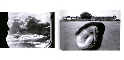 Internal - MASHISHA FUKASE / Yoko. Two black and white photographs side by side, one of a person looking out an airplane window at clouds, the other of a person sitting on the ground with a large object over their head.
